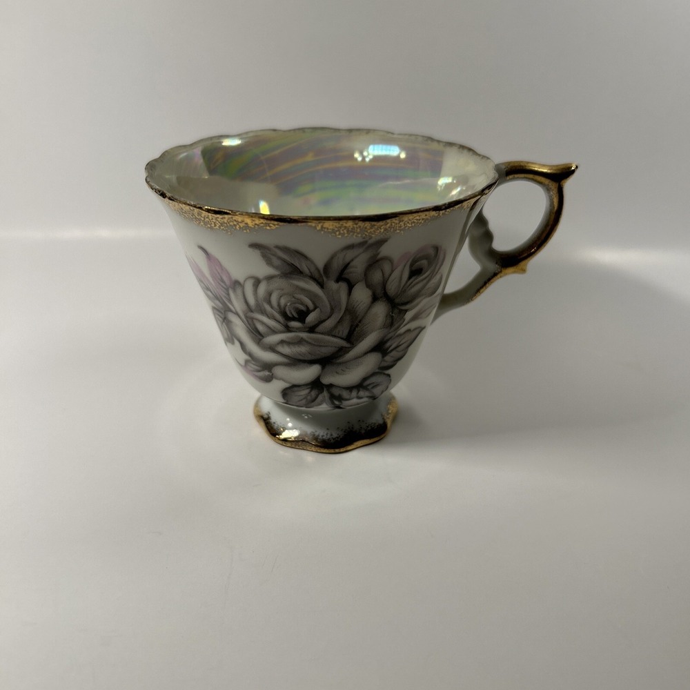 Black Pink Rose Vintage Tea Cup Iridescent Gold Trim E1052 Inarco‎